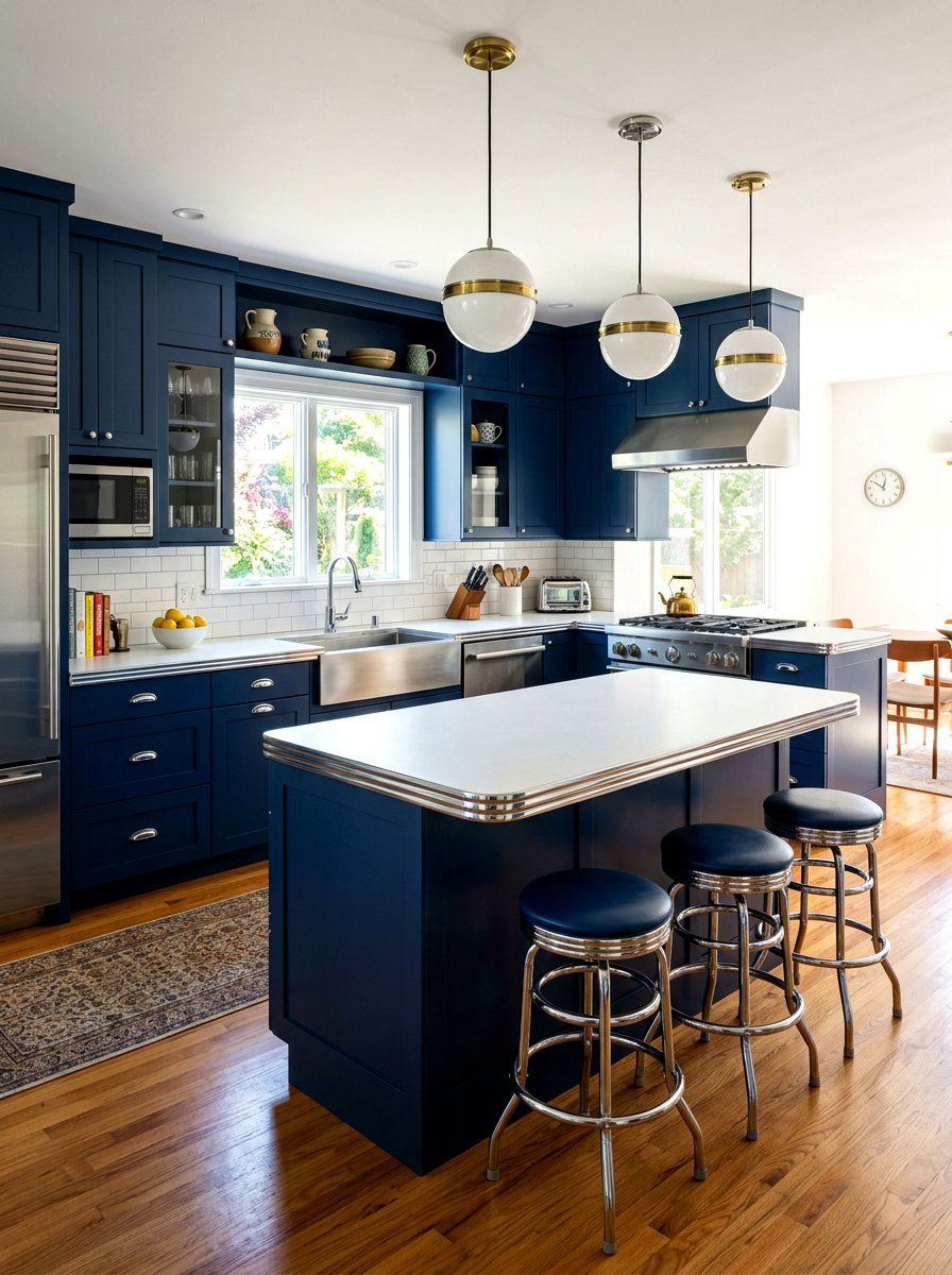 Navy Blue Kitchen with Chrome Countertop Edging - 30 navy and chrome kitchen ideas