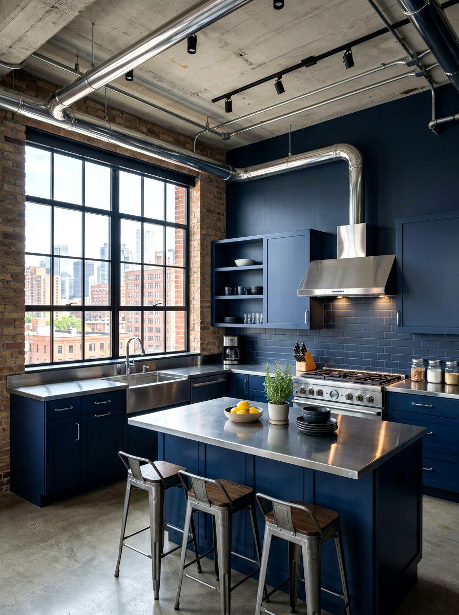 Navy Blue Kitchen with Chrome Exposed Pipes - 30 navy and chrome kitchen ideas