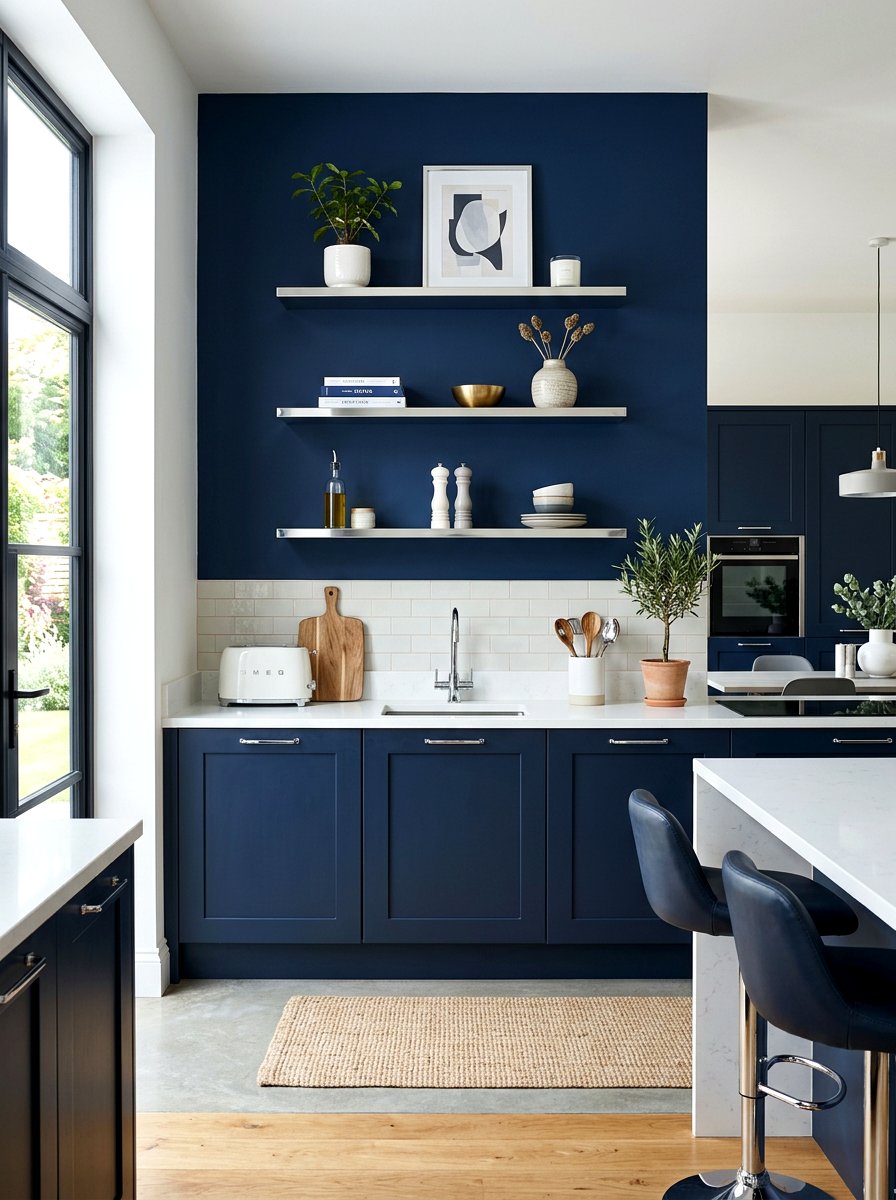Navy Blue Kitchen with Chrome Floating Shelves - 30 navy and chrome kitchen ideas
