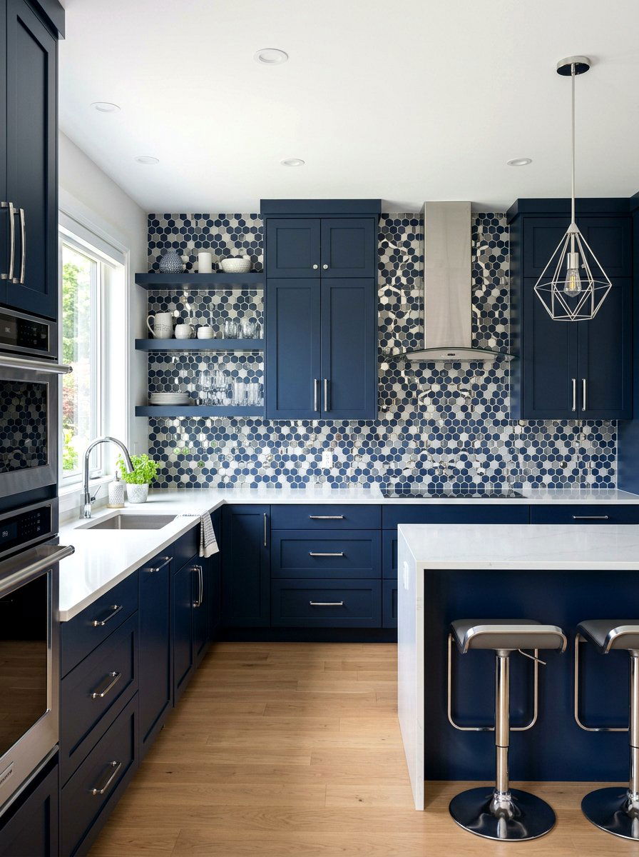 Navy Blue Kitchen with Chrome Geometric Backsplash - 30 navy and chrome kitchen ideas