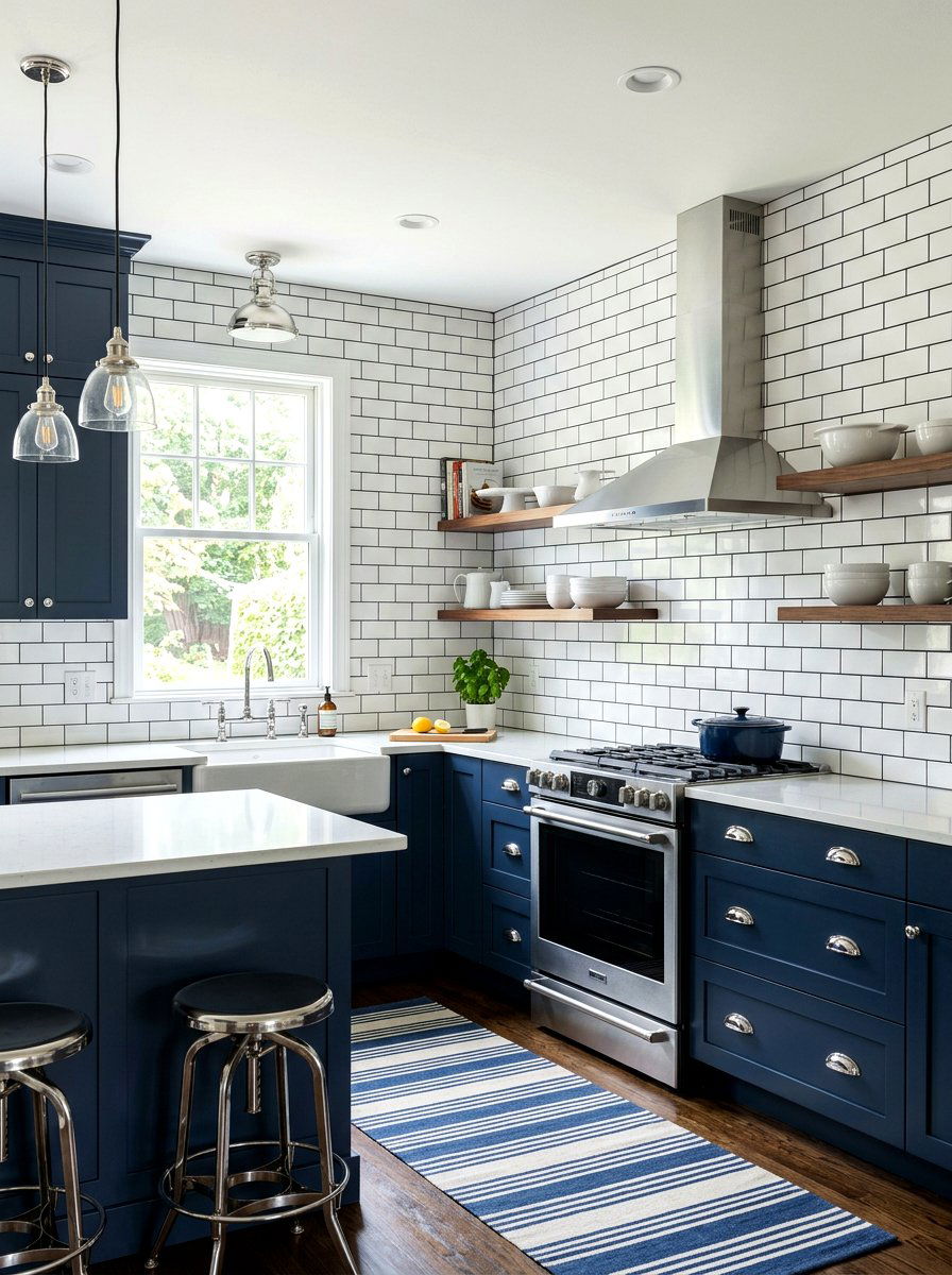 Navy Blue Kitchen with Chrome Hardware and White Subway Tile - 30 navy and chrome kitchen ideas