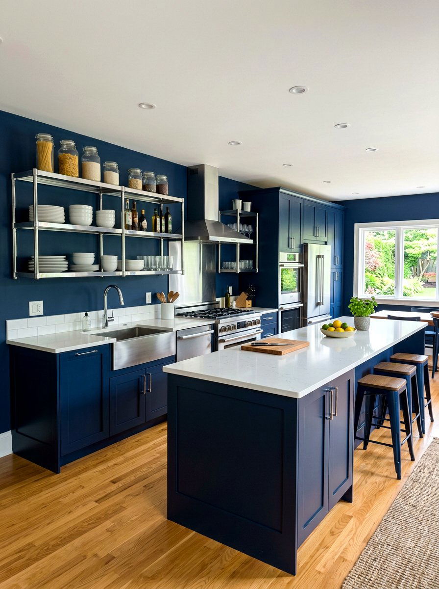 Navy Blue Kitchen with Chrome Open Shelving - 30 navy and chrome kitchen ideas