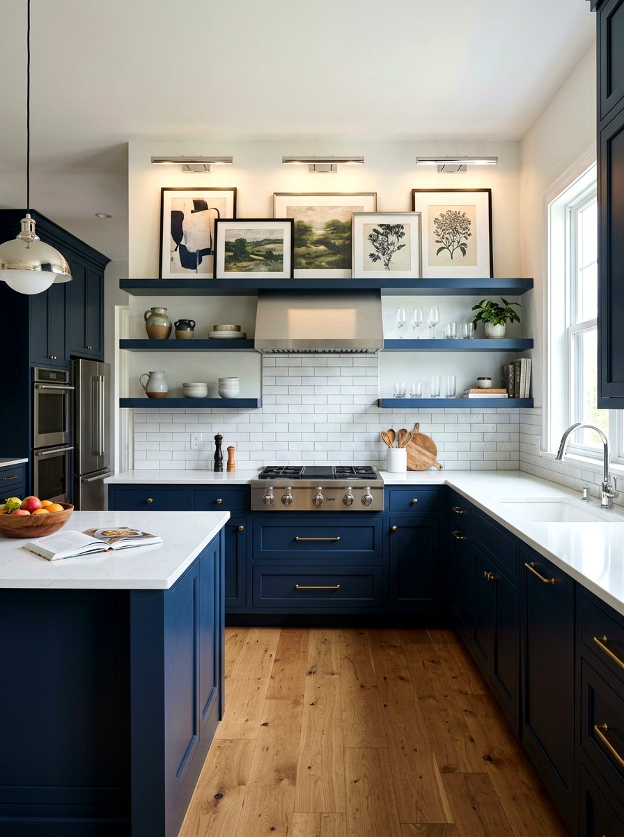 Navy Blue Kitchen with Chrome Picture Lights - 30 navy and chrome kitchen ideas