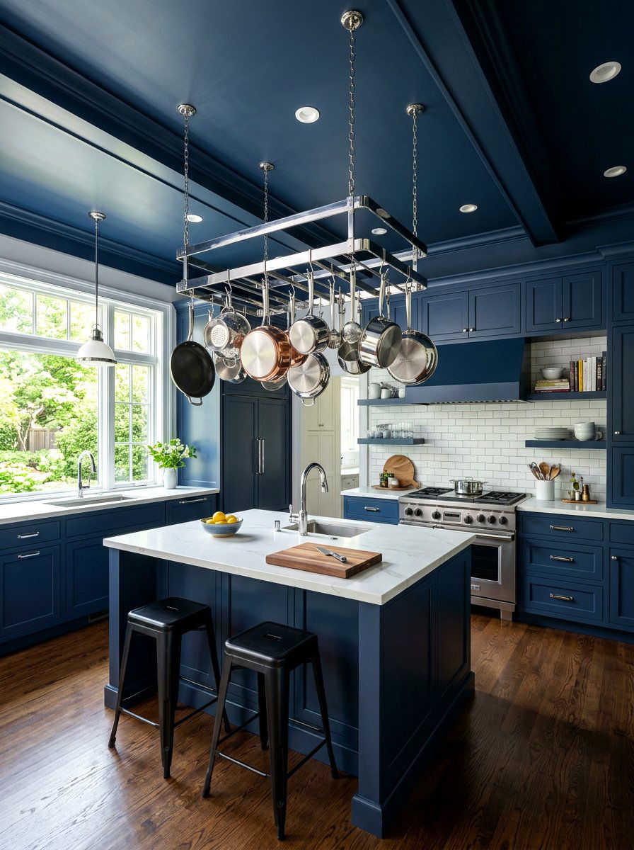Navy Blue Kitchen with Chrome Pot Rack - 30 navy and chrome kitchen ideas