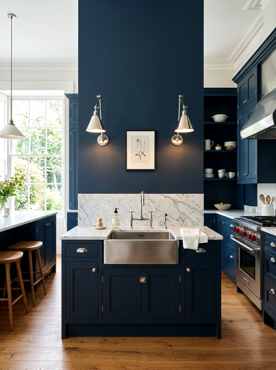 Navy Blue Kitchen with Chrome Sconces - 30 navy and chrome kitchen ideas