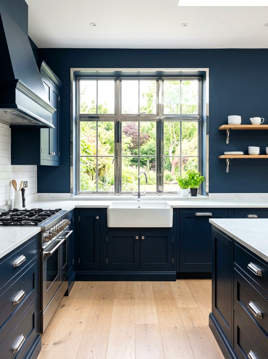 Navy Blue Kitchen with Chrome Window Trim - 30 navy and chrome kitchen ideas
