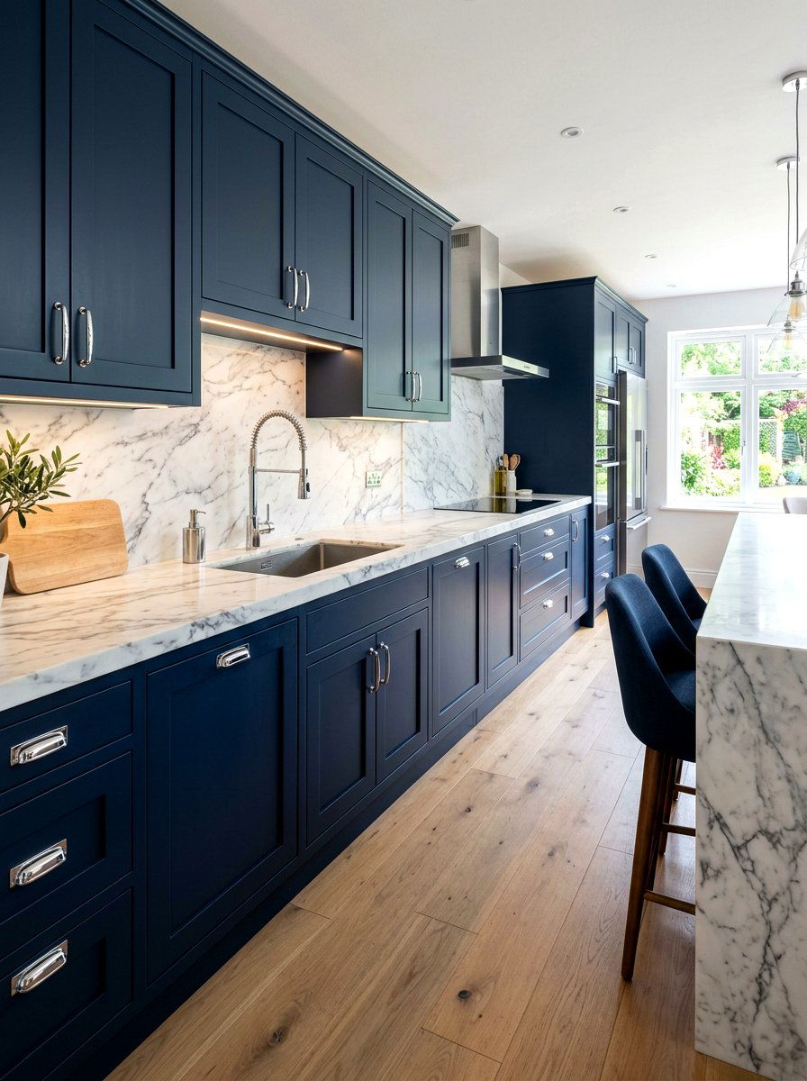 Navy Blue Kitchen with White Marble Countertops and Chrome Faucet - 30 navy and chrome kitchen ideas