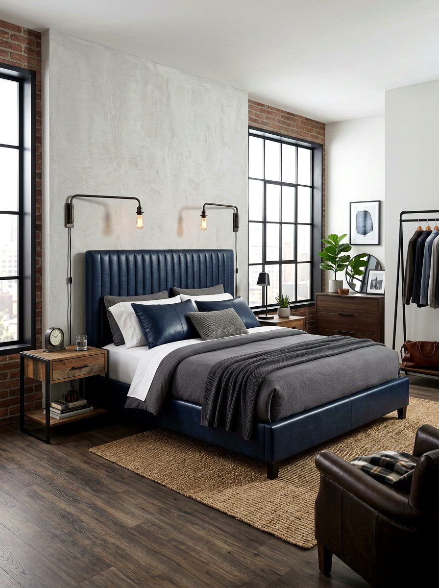 Navy Blue Leather Headboard - 30 inky blue bedroom ideas
