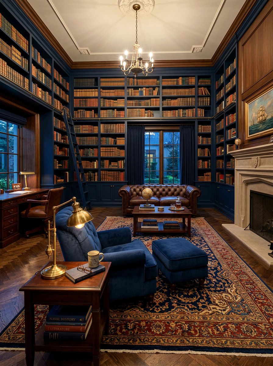 Navy Blue Library - 30 old money lounge ideas