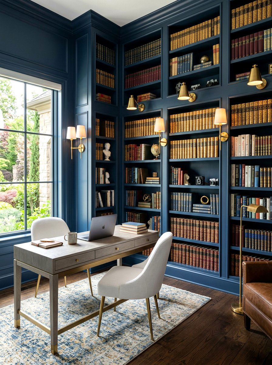 Navy Blue Library Walls - 30 classic office library ideas