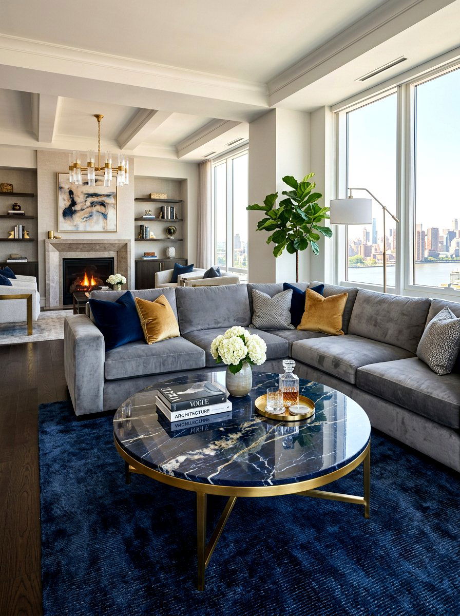 Navy Blue Marble Coffee Table - 30 ink blue lounge ideas