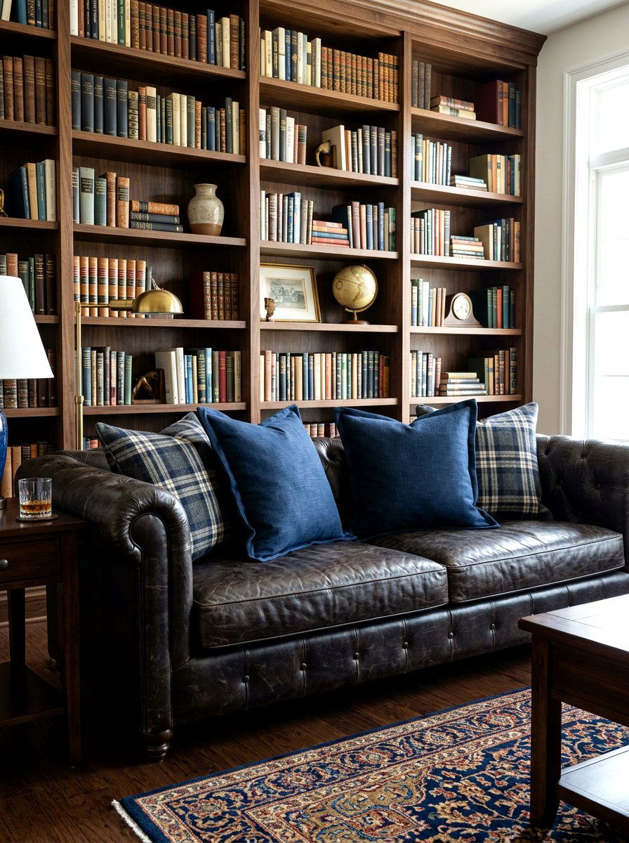 Navy Blue Masculine Pillow Arrangement - 30 layered throw pillow ideas