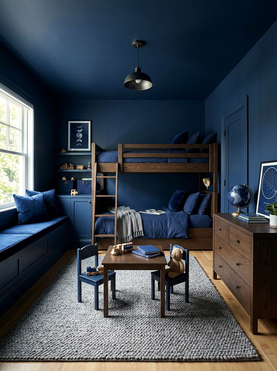 Navy Blue Monochrome Kids Room - 30 color drenched kids room ideas