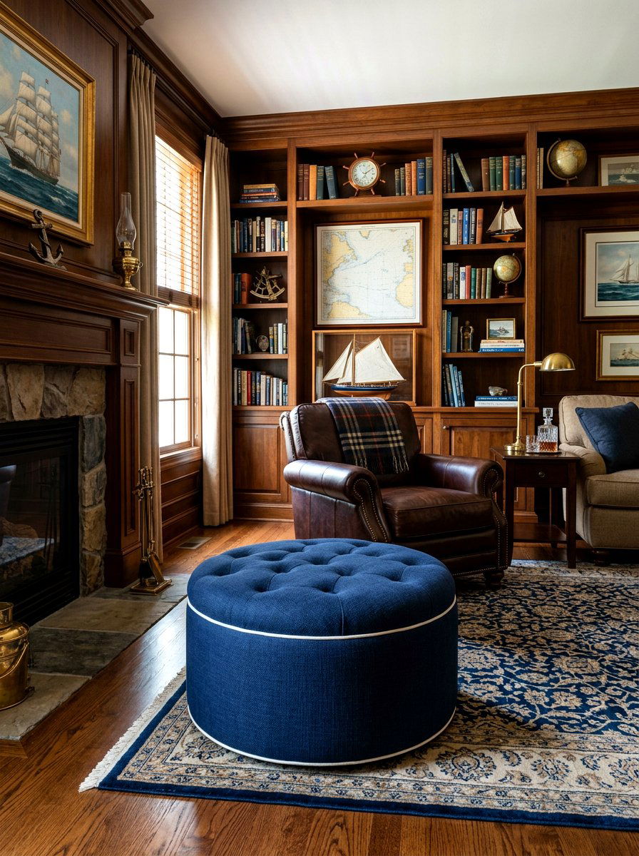 Navy Blue Ottoman Piping - 30 living room ottoman styling ideas