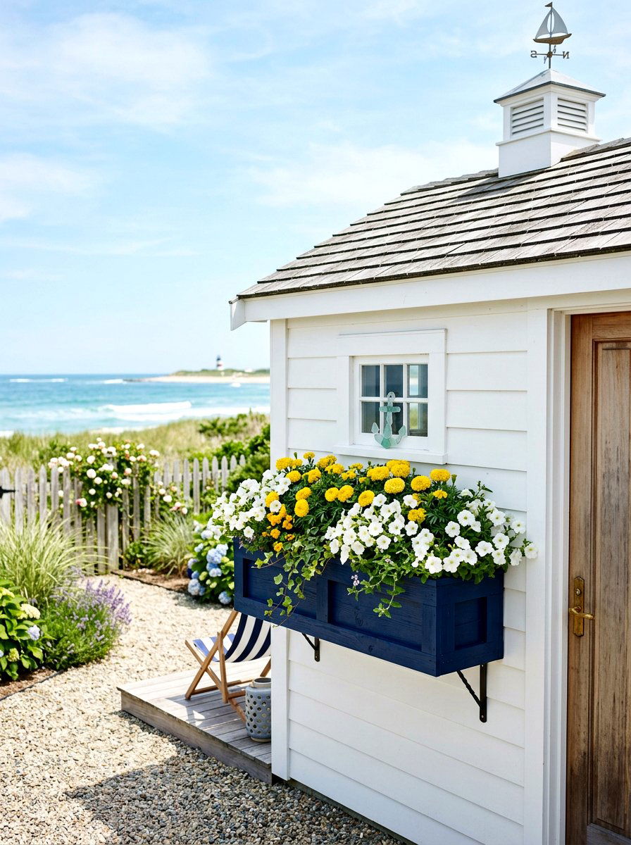 Navy Blue Painted Box - 30 shed flower box ideas