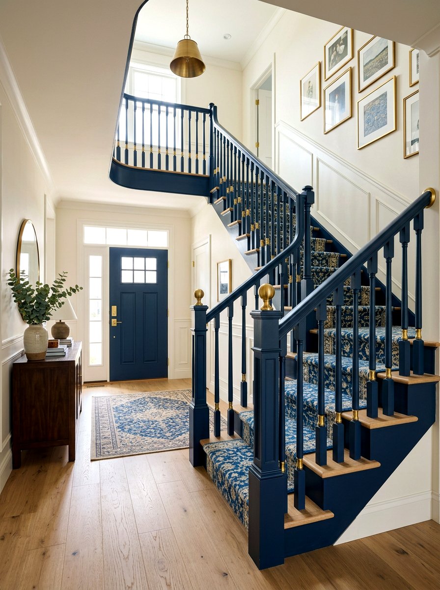 Navy Blue Painted Railing - 30 banister makeover ideas