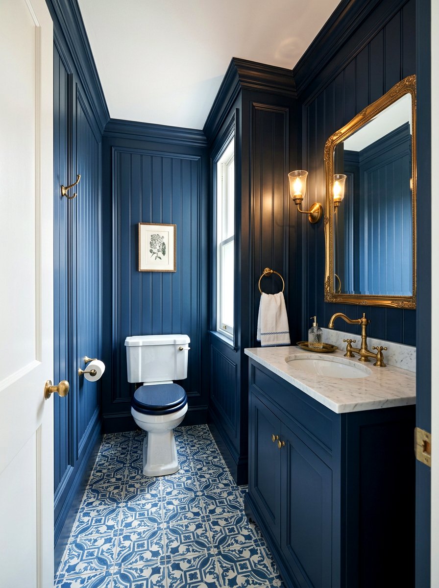 Navy Blue Paneling - 30 dark powder room ideas