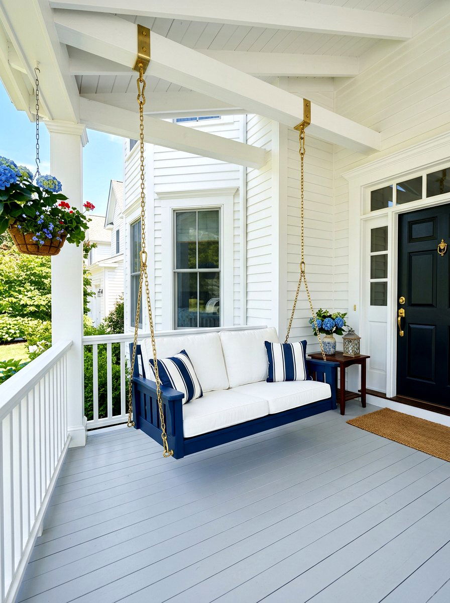 Navy Blue Porch Swing - 30 farmhouse porch swing ideas