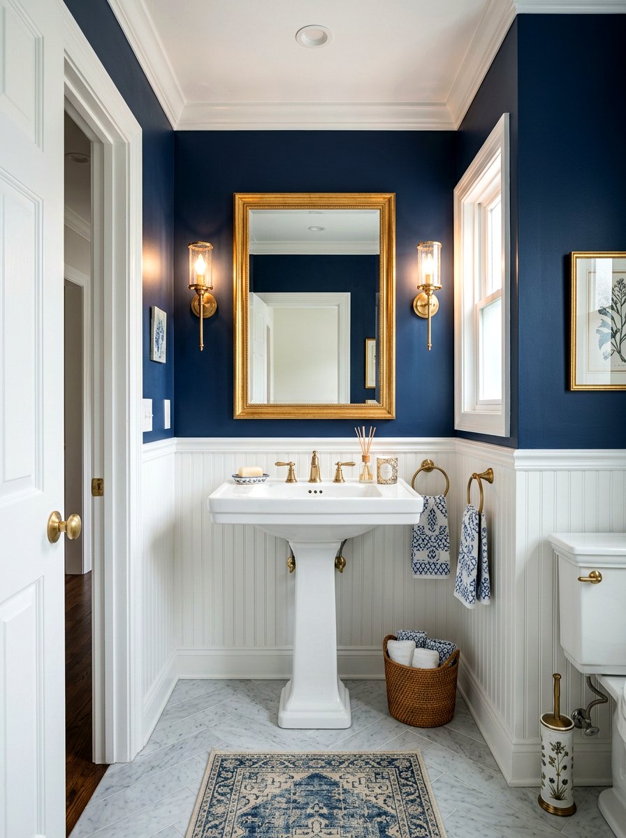 Navy Blue Powder Room - 30 navy and white decor ideas