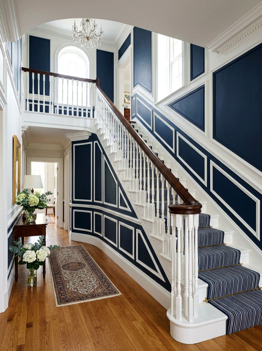 Navy Blue Raised Panels - 30 staircase wall panel ideas