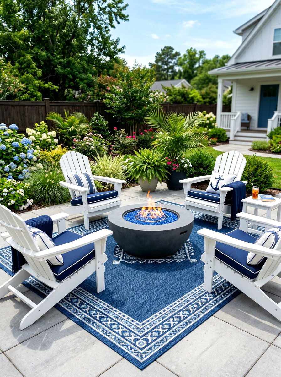Navy Blue Rug Over Light Gray Base - 30 layered outdoor rug ideas