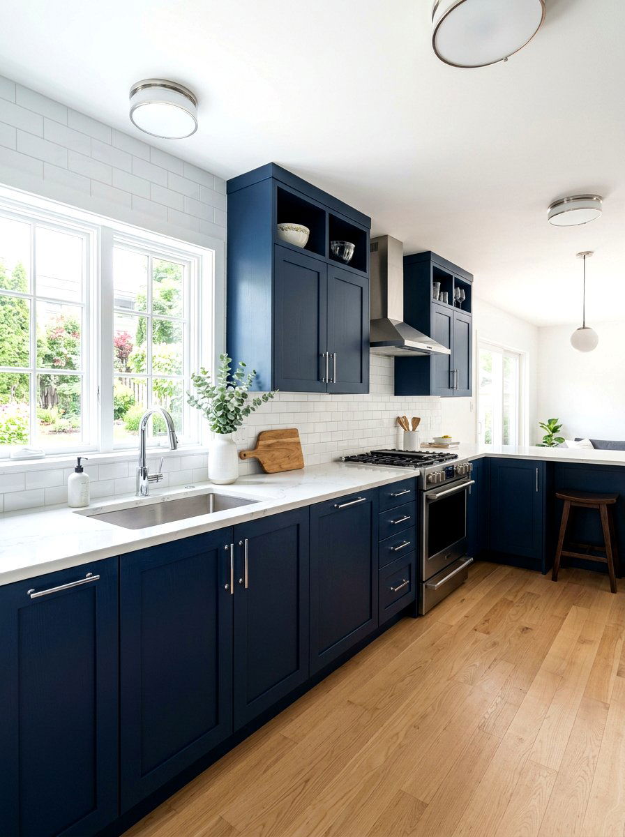 Navy Blue Shaker Cabinets with Chrome Pulls - 30 navy and chrome kitchen ideas