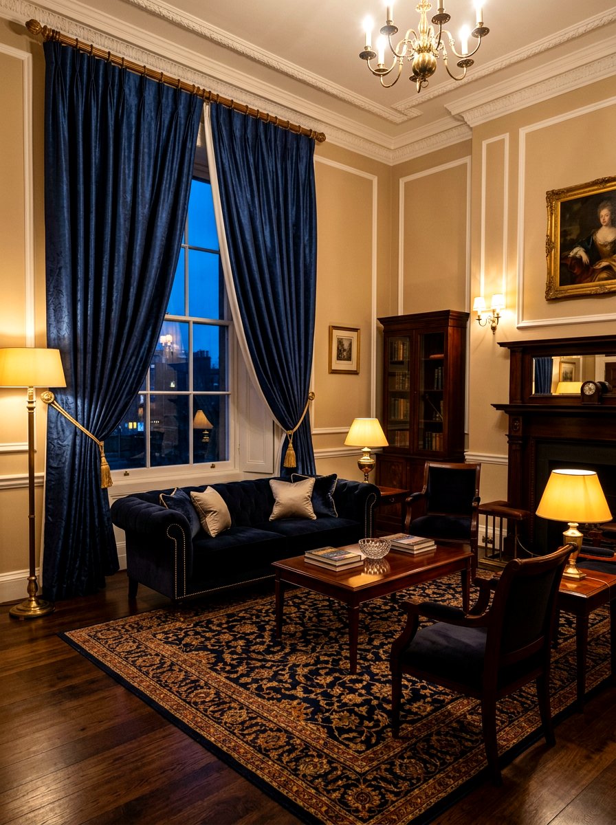 Navy Blue Silk Drapes - 30 dramatic drapery living room ideas