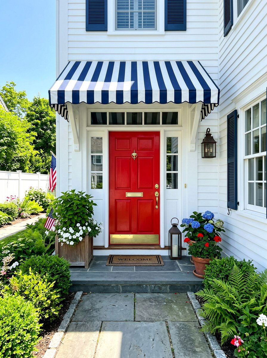 Navy Blue Striped Door Awning - 30 striped awning front porch ideas