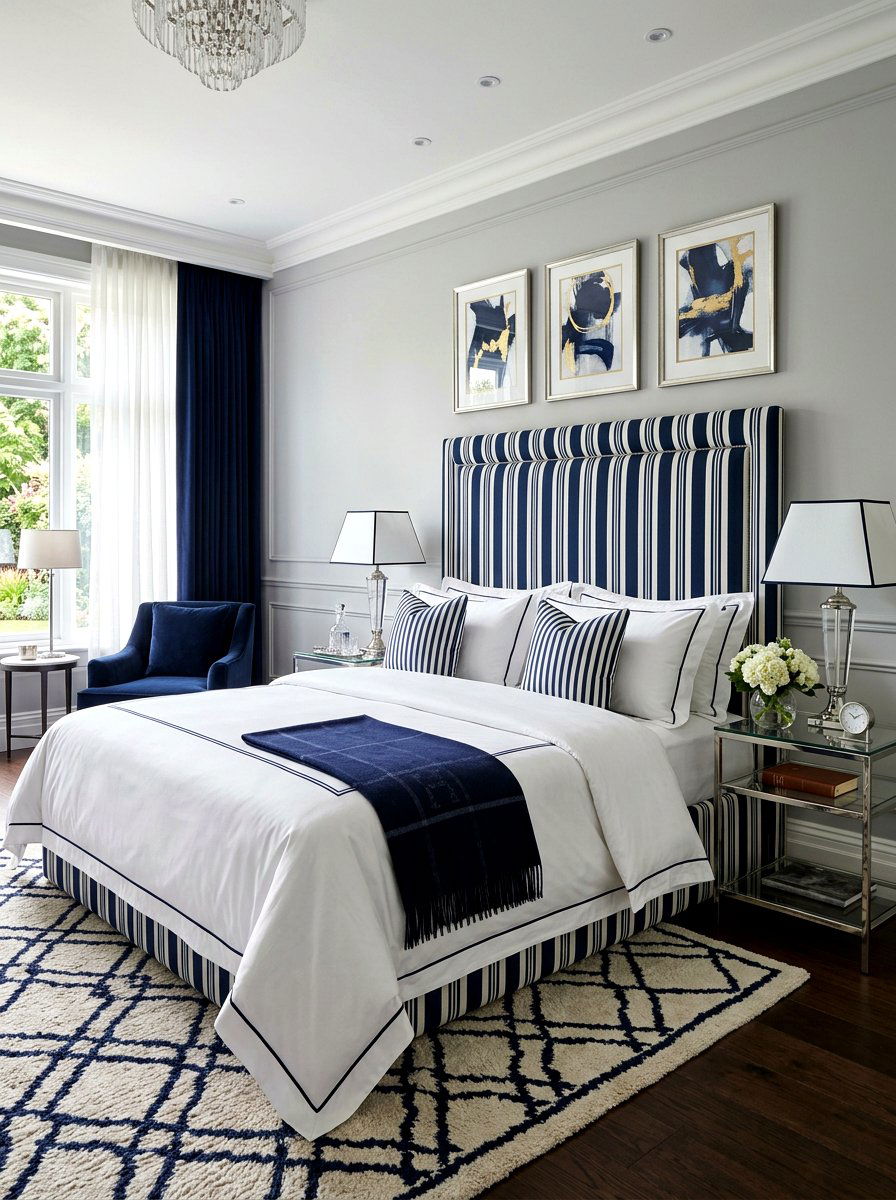 Navy Blue Striped Headboard - 30 candy stripe bedroom ideas