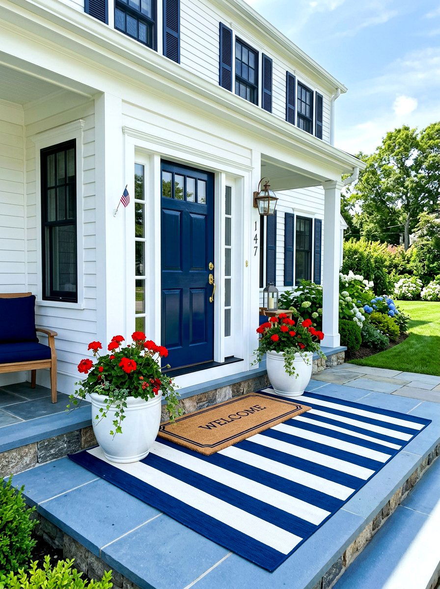 Navy Blue Striped Layered Rug - 30 layered doormat porch ideas