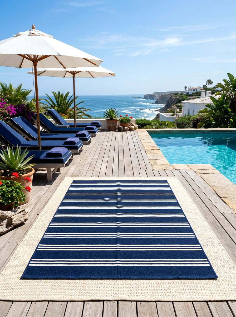 Navy Blue Striped Layered Rug - 30 outdoor rug layering ideas