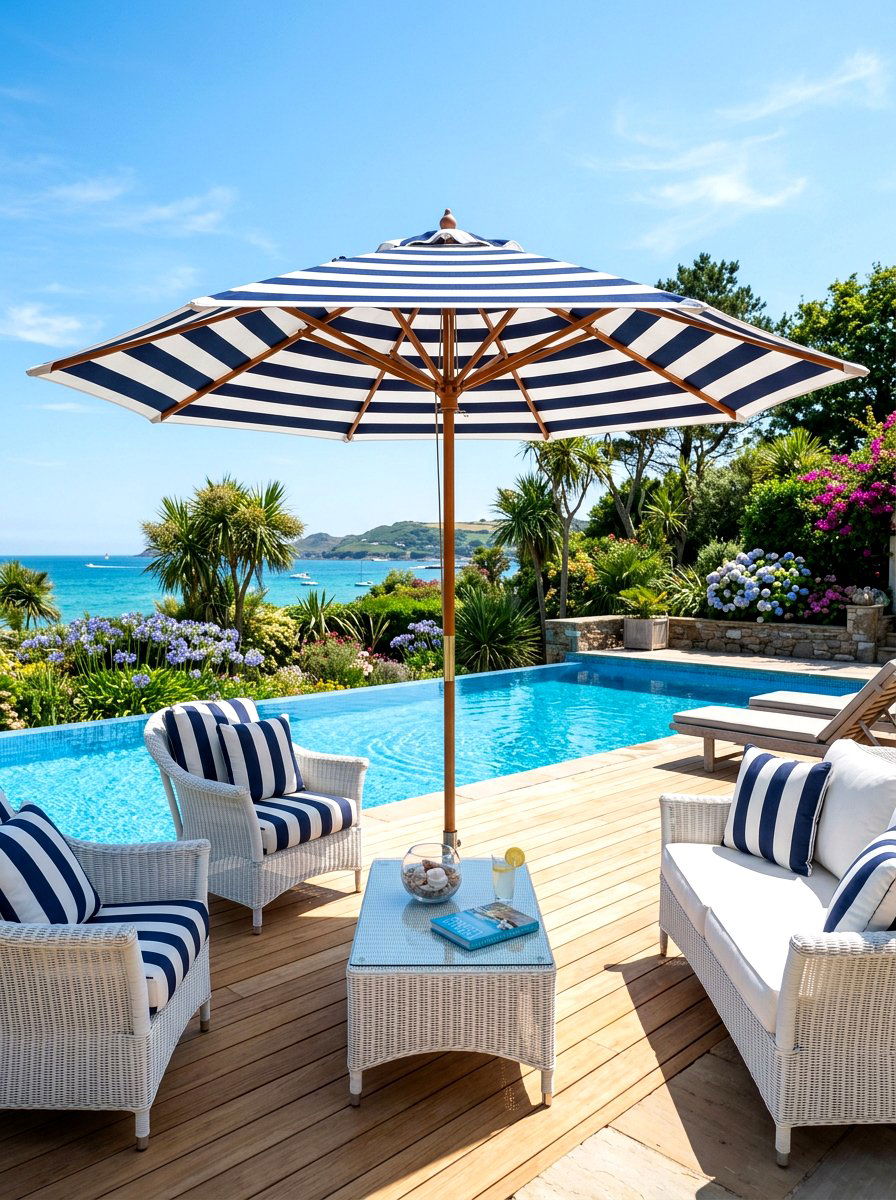 Navy Blue Striped Patio Umbrella - 30 striped umbrella patio ideas