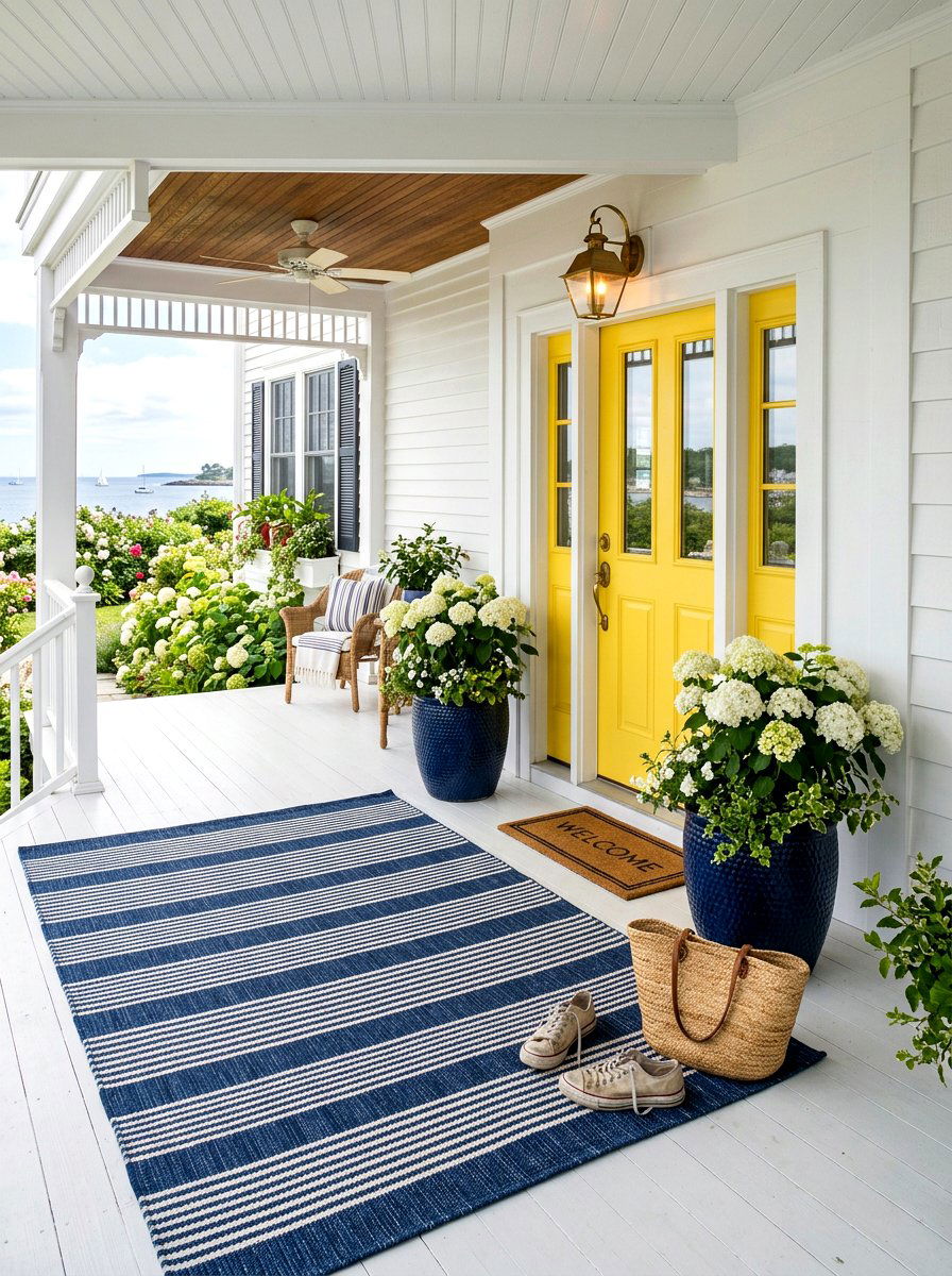 Navy Blue Striped Rug - 30 front porch rug ideas
