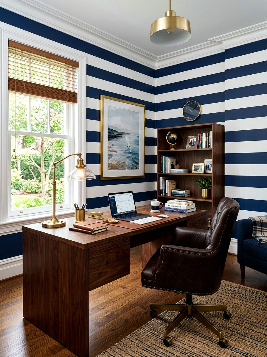 Navy Blue Striped Walls - 30 preppy home decor ideas