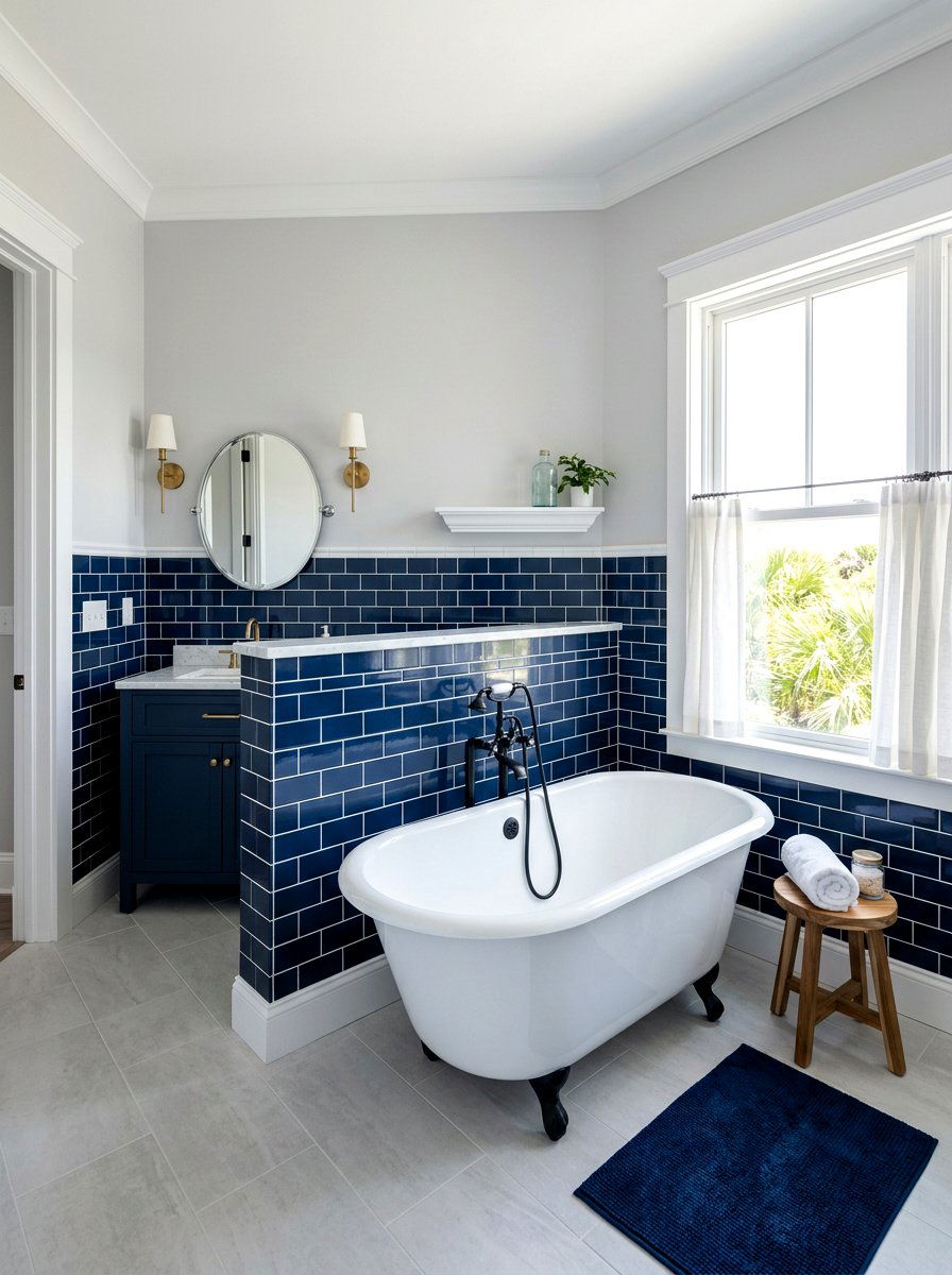 Navy Blue Subway Tile Bathroom - 30 half tiled bathroom ideas