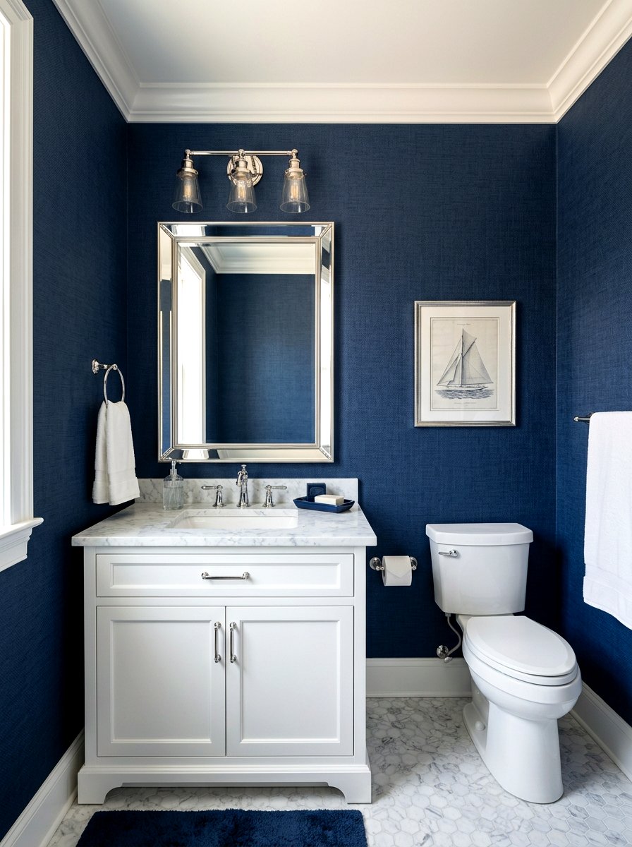 Navy Blue Textured Wallpaper - 30 wallpapered powder room ideas