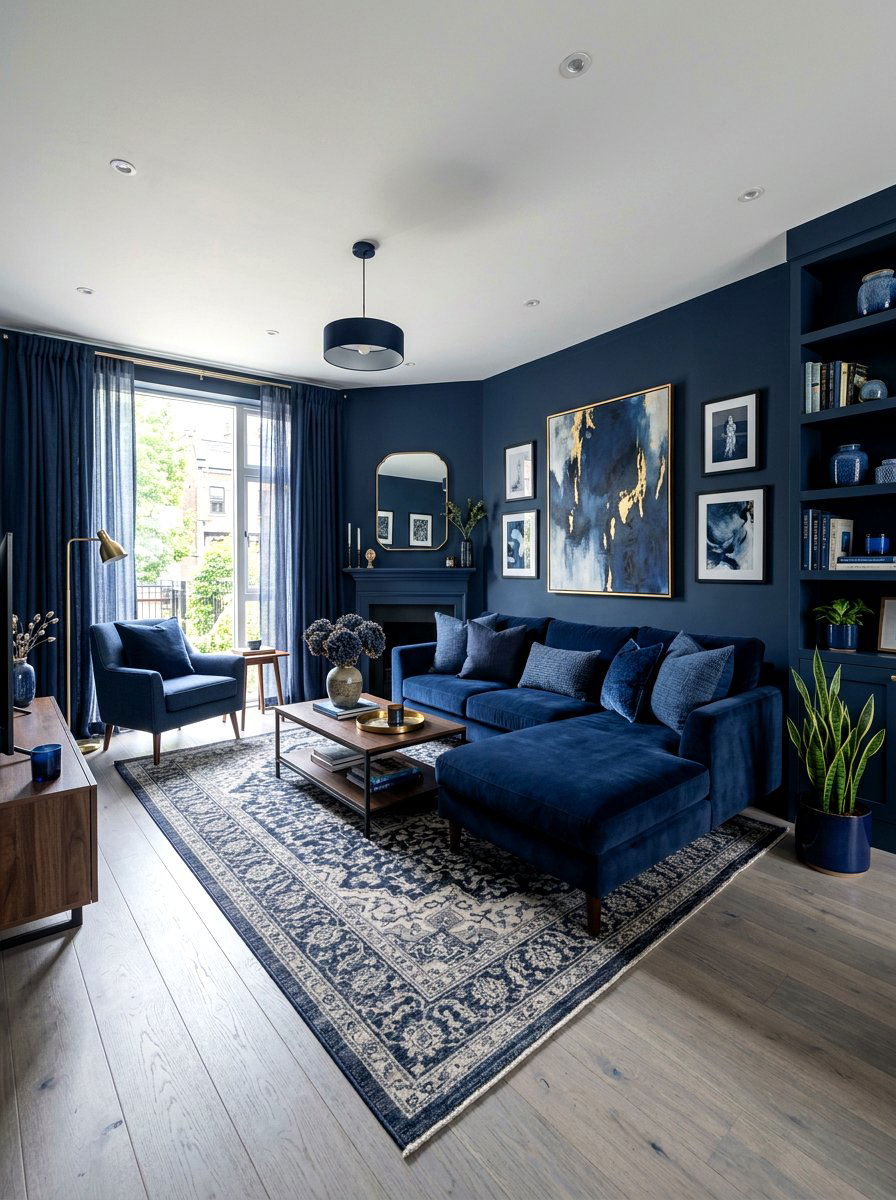 Navy Blue Tonal Living Room - 30 ink blue lounge ideas