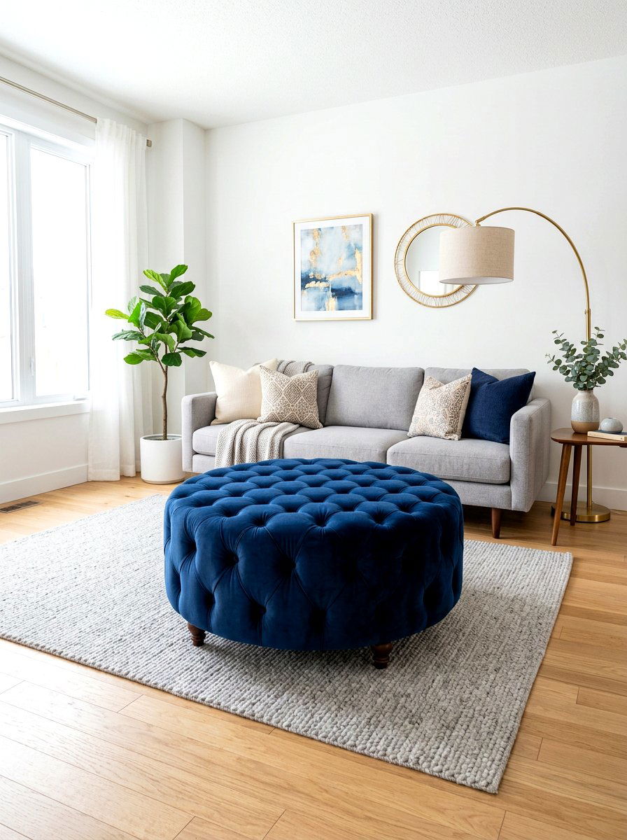 Navy Blue Tufted Ottoman - 30 oversized ottoman living room ideas