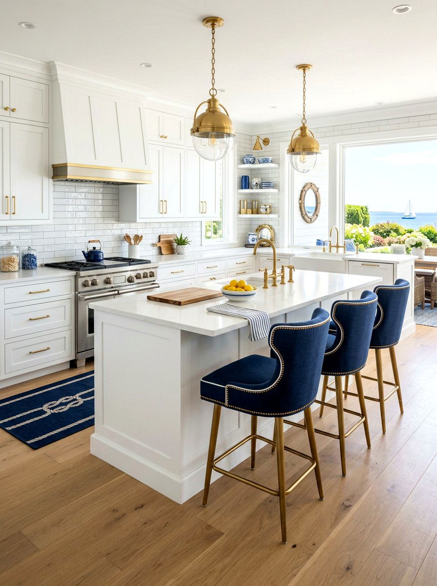 Navy Blue Upholstered Stools - 30 kitchen island seating ideas