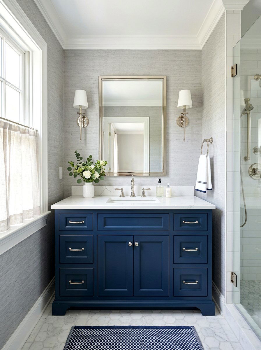 Navy Blue Vanity - 30 tiny powder bath ideas