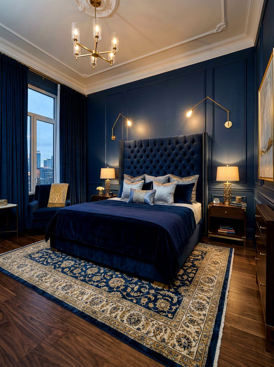 Navy Blue Velvet Bedroom - 30 moody hotel bedroom ideas
