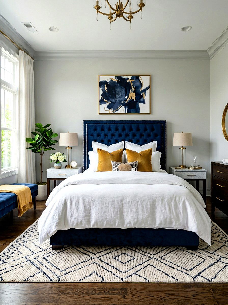 Navy Blue Velvet Headboard - 30 moody bedroom ideas