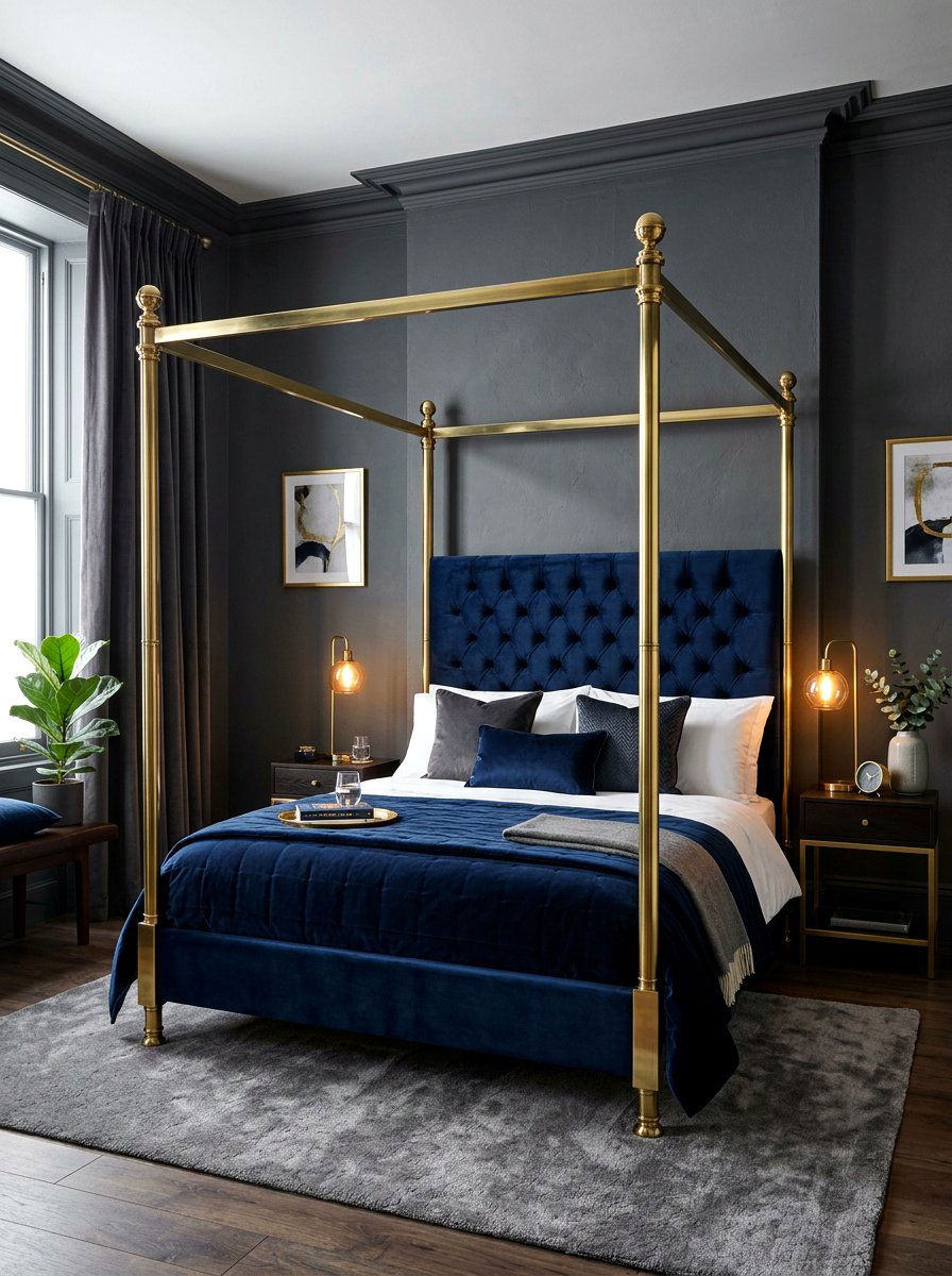 Navy Blue Velvet Poster Bed - 30 four poster bed ideas