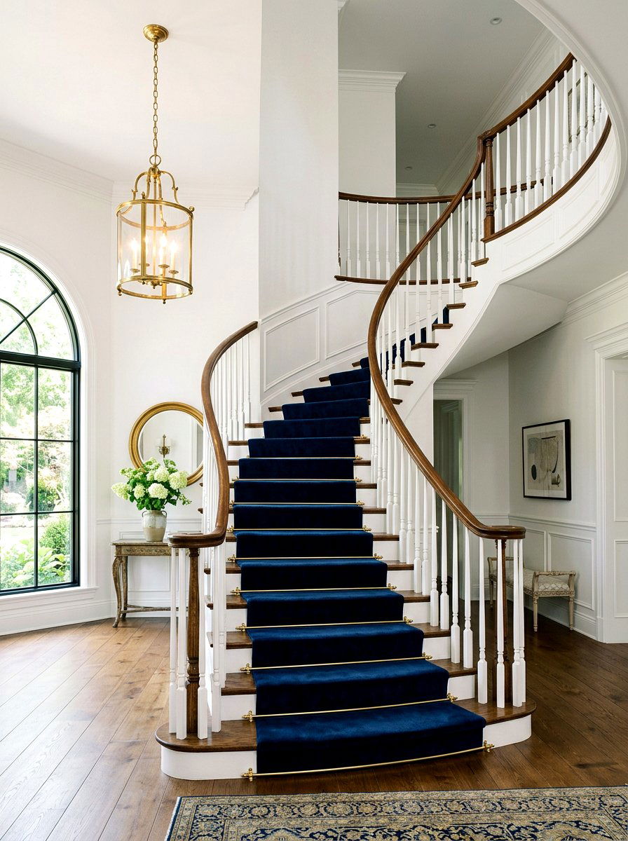 Navy Blue Velvet Stair Runner - 30 dramatic stair runner ideas