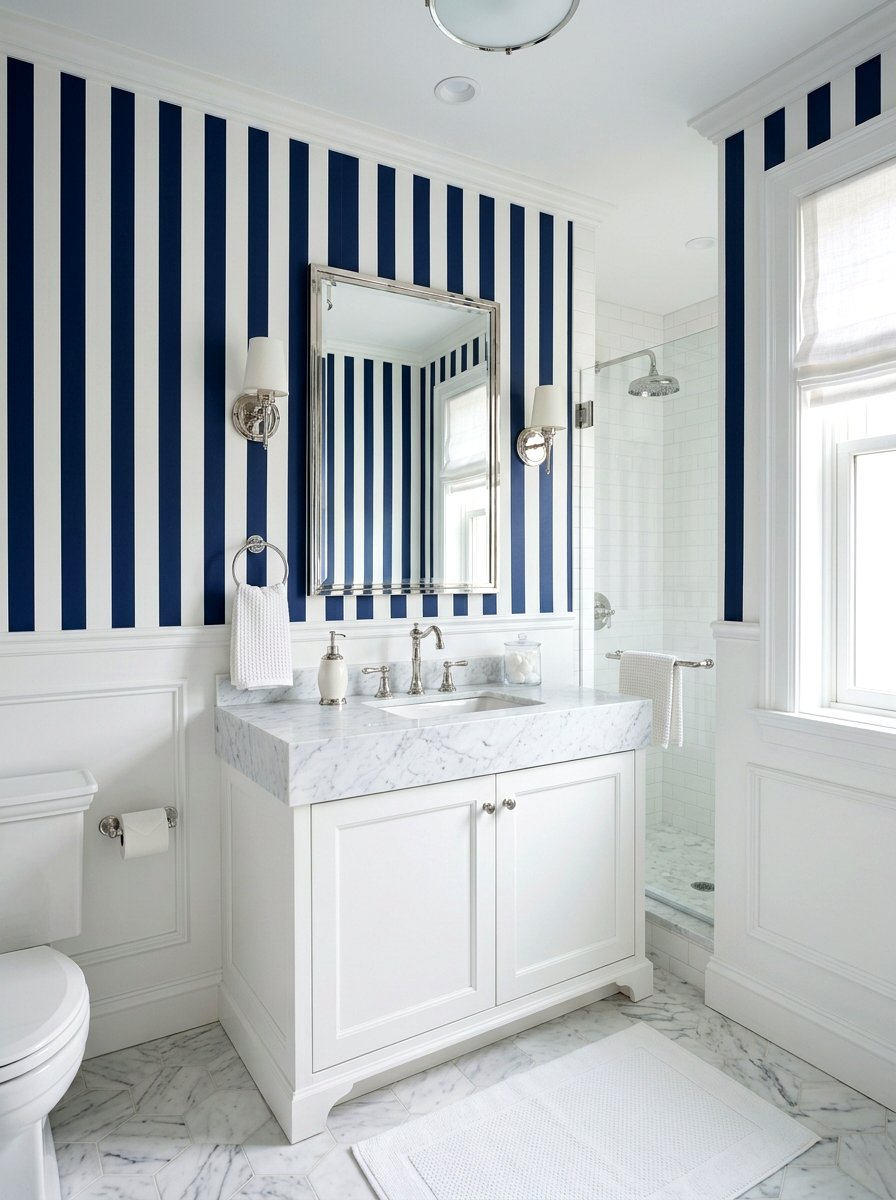 Navy Blue Vertical Stripe Bathroom - 30 striped bathroom wallpaper ideas