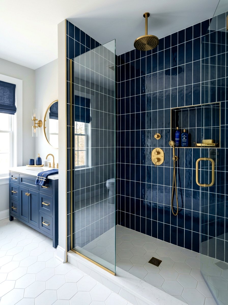 Navy Blue Vertical Subway Tile - 30 vertical tile shower ideas