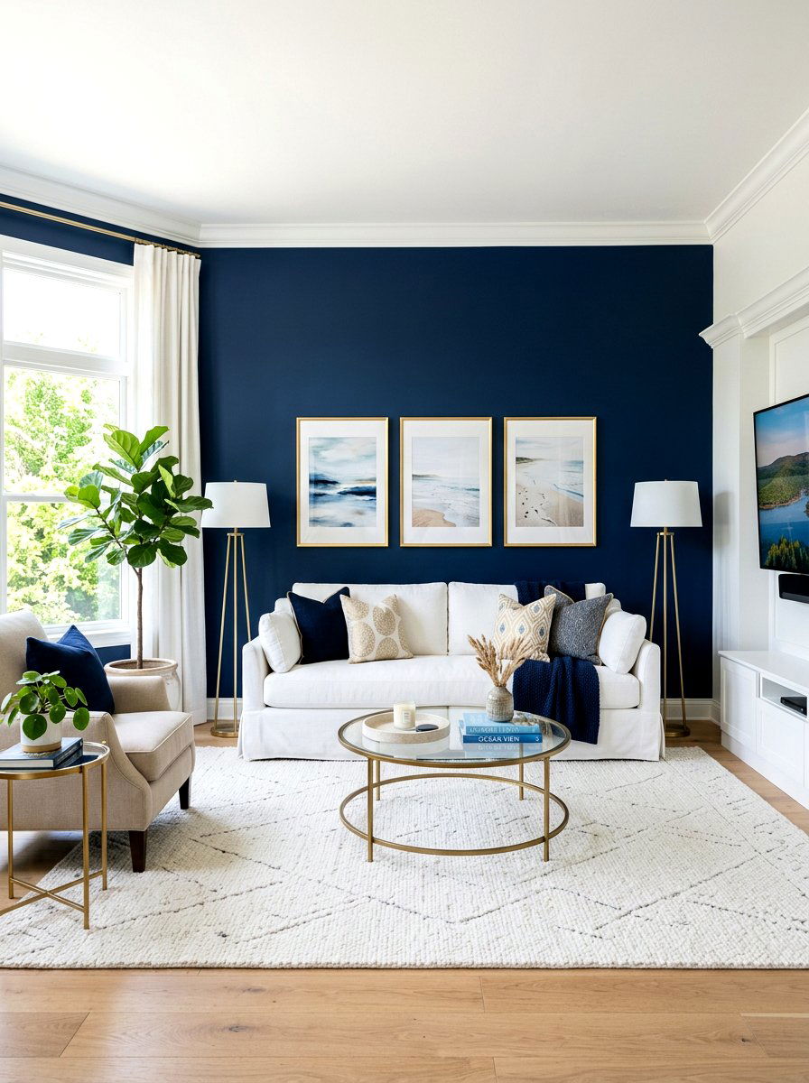 Navy Blue Wall Living Room - 30 ocean inspired living room ideas
