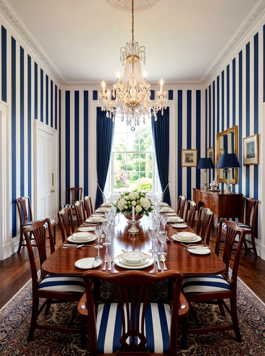Navy Bold Stripe Dining Room - 30 stripe drench room ideas