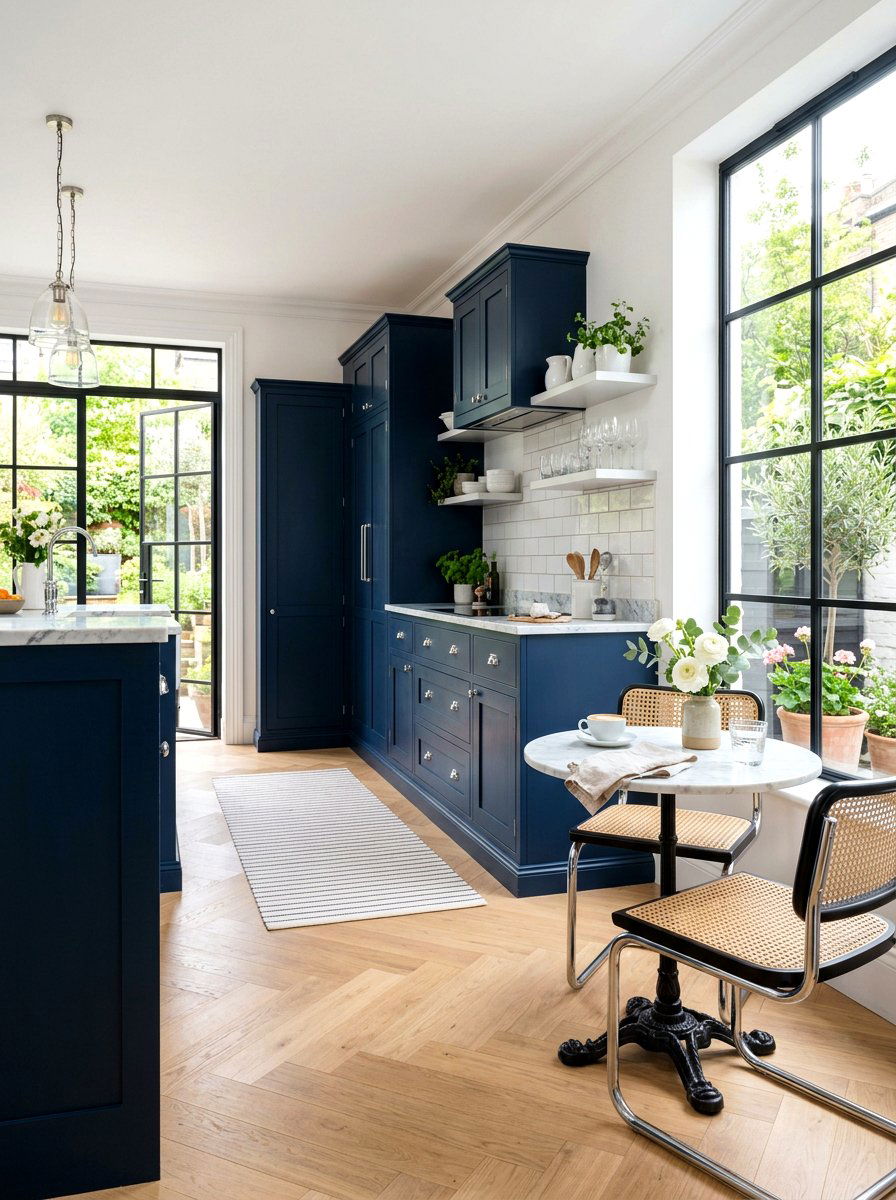 Navy Cabinetry with Chrome Bistro Seating - 30 navy and chrome kitchen ideas