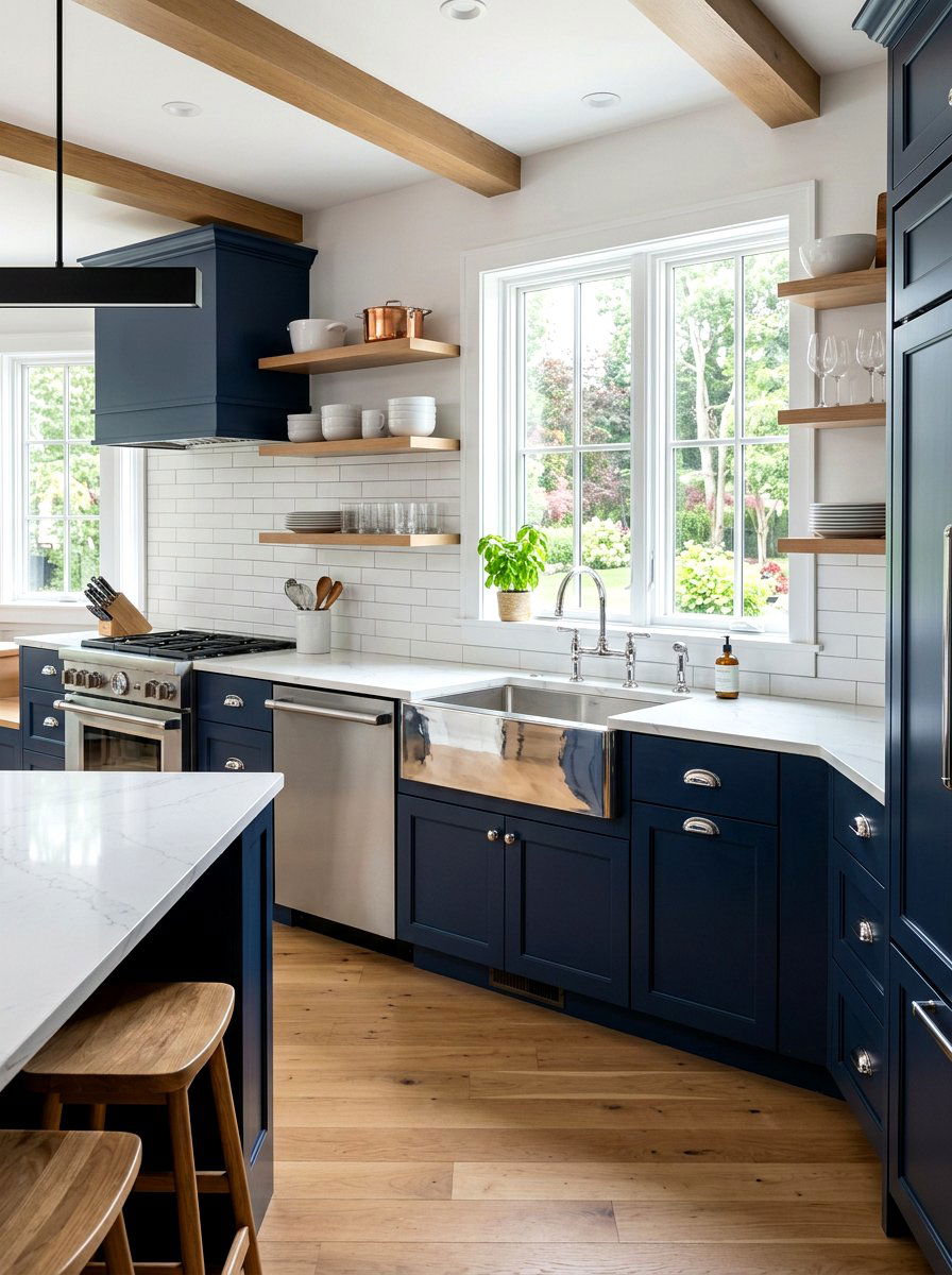 Navy Cabinetry with Chrome Farmhouse Sink - 30 navy and chrome kitchen ideas